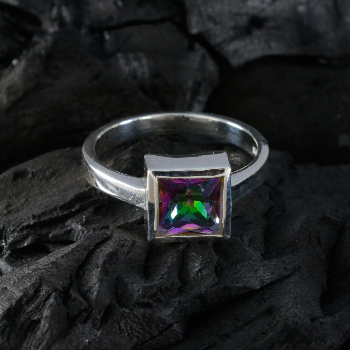 Mystic Quartz Solitaire French Sterling Silver multicolor Gemstones Featherlight Fairytale Ring Jewelry - Image 4
