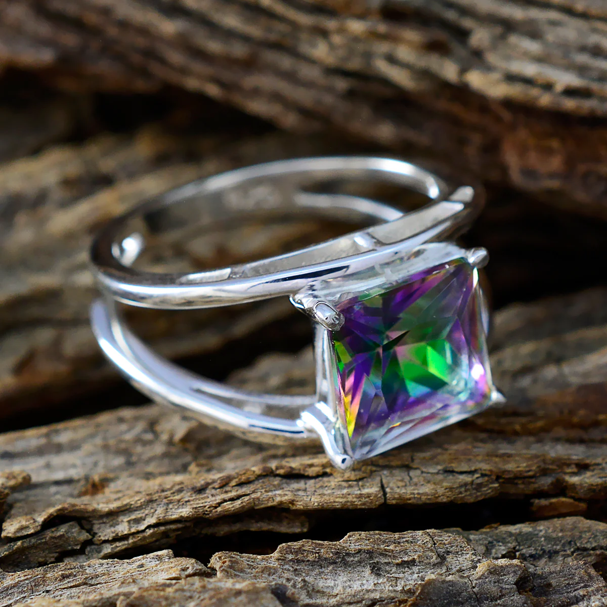 Mystic Quartz Solitaire German 925 Silver multicolor Gemstone Tiny Abstract Ring Jewelry - Image 3