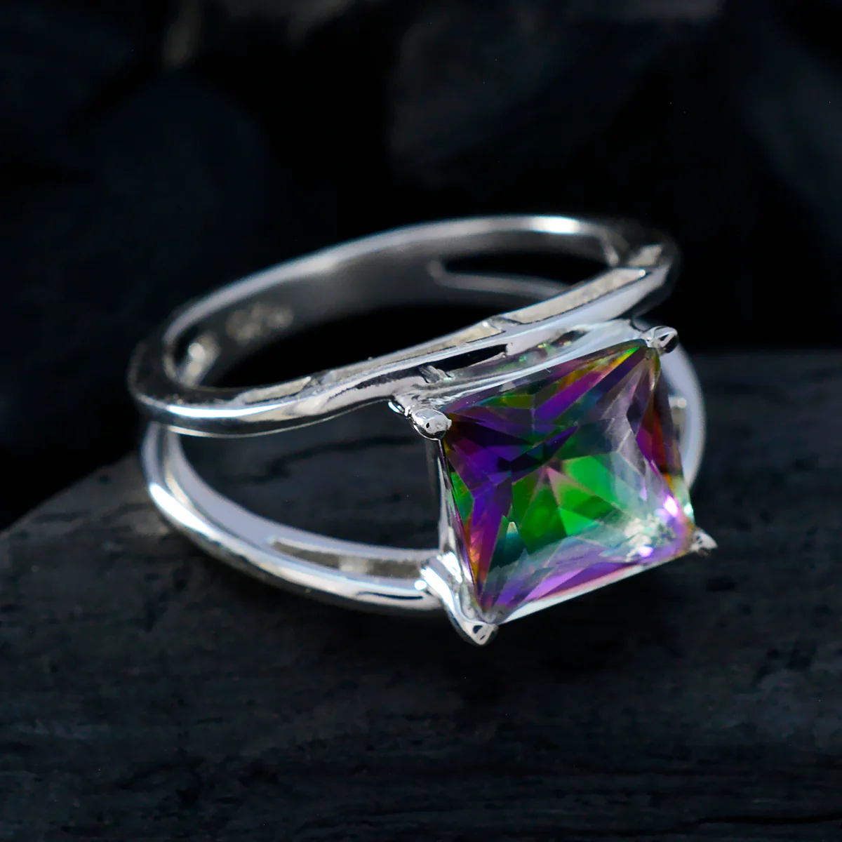 Mystic Quartz Solitaire German 925 Silver multicolor Gemstone Tiny Abstract Ring Jewelry - Image 4