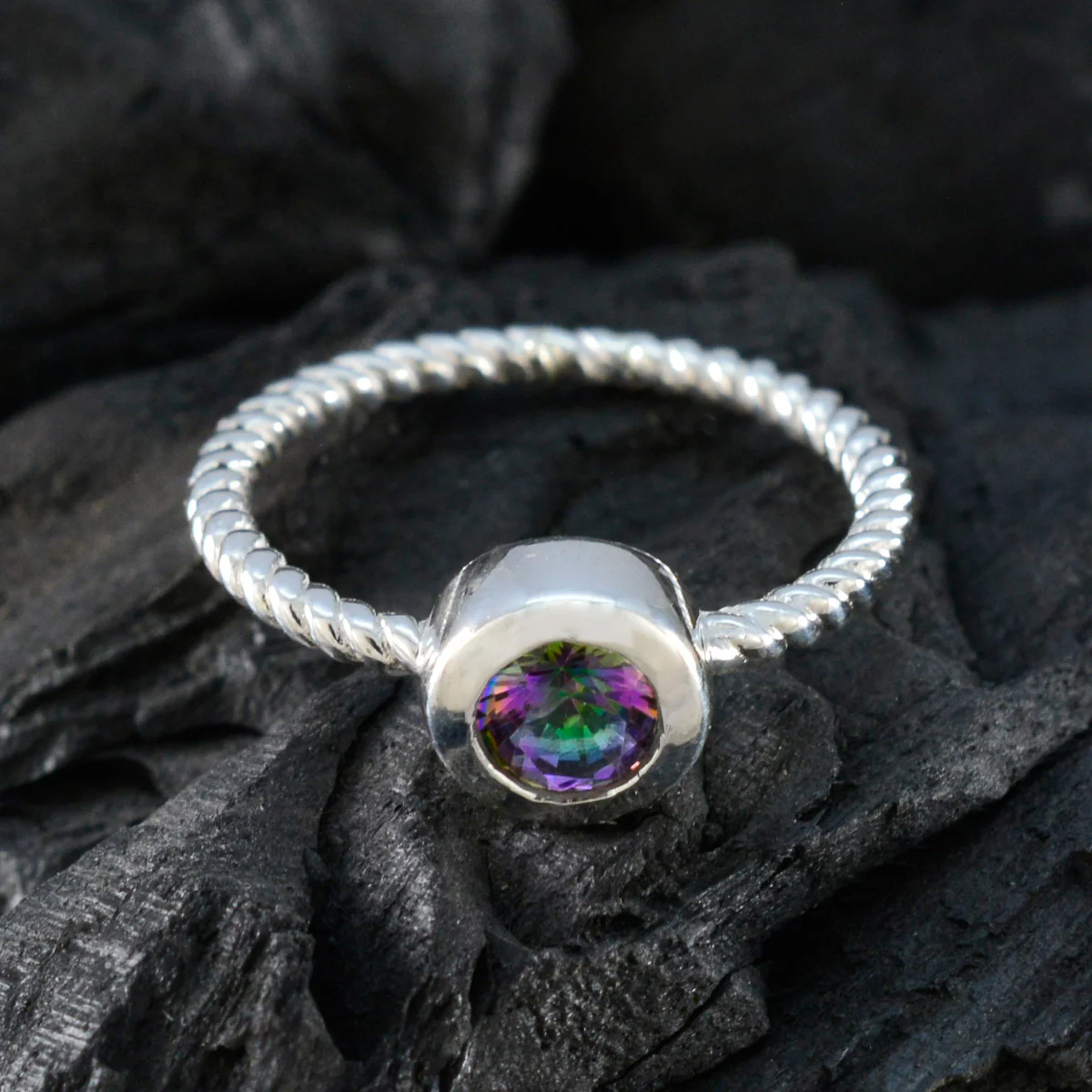 Mystic Quartz Solitaire Japanese Sterling Silver multicolor Gemstones Delicate Luxurious Ring Jewelry - Image 4