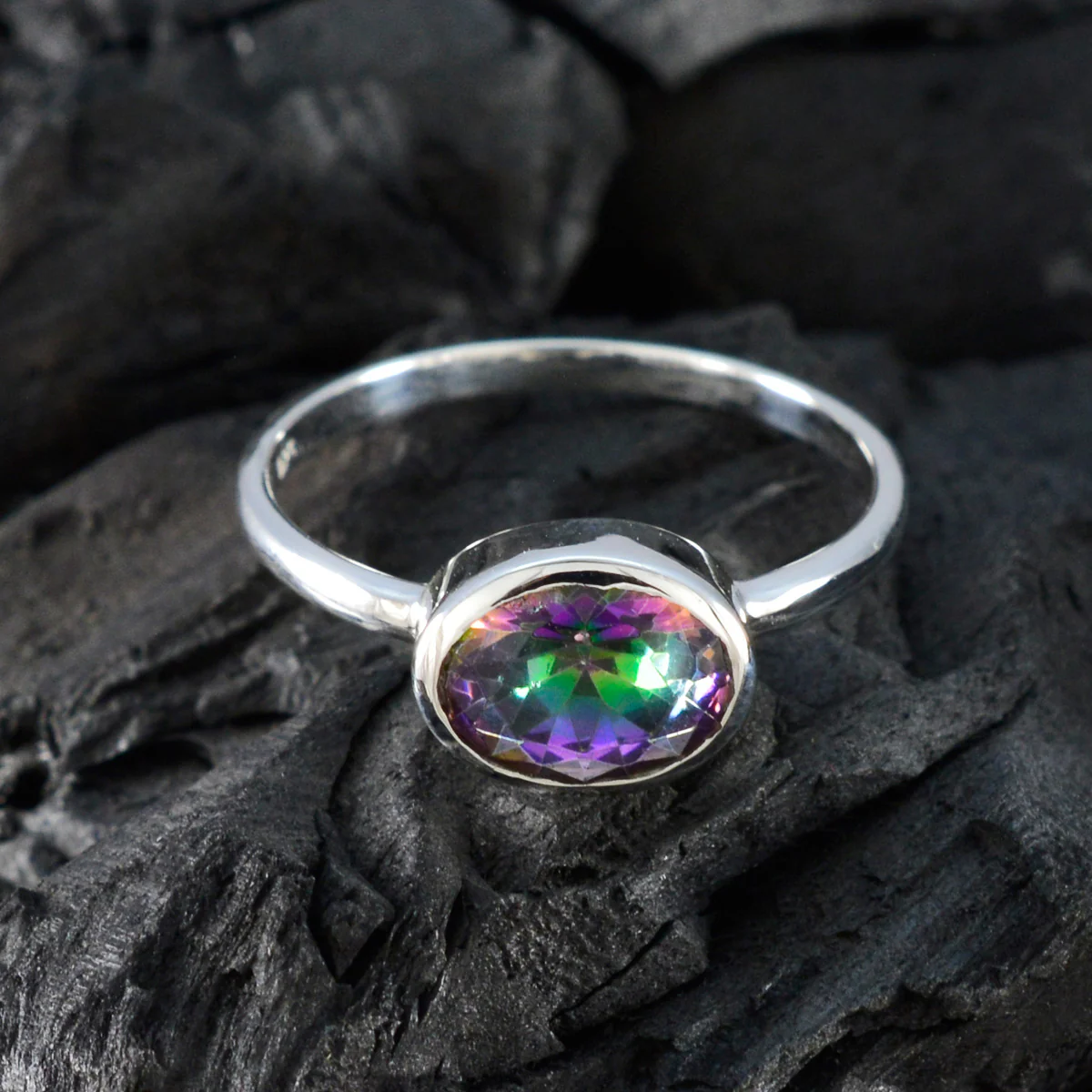 Mystic Quartz Solitaire Korean Silver multicolor Gems Dainty Modern Ring Jewellery - Image 4