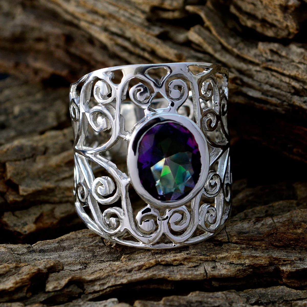 Mystic Quartz Solitaire Middle Eastern 925 Silver multicolor Gems Eye-catching Filigree Ring Jewelry - Image 4