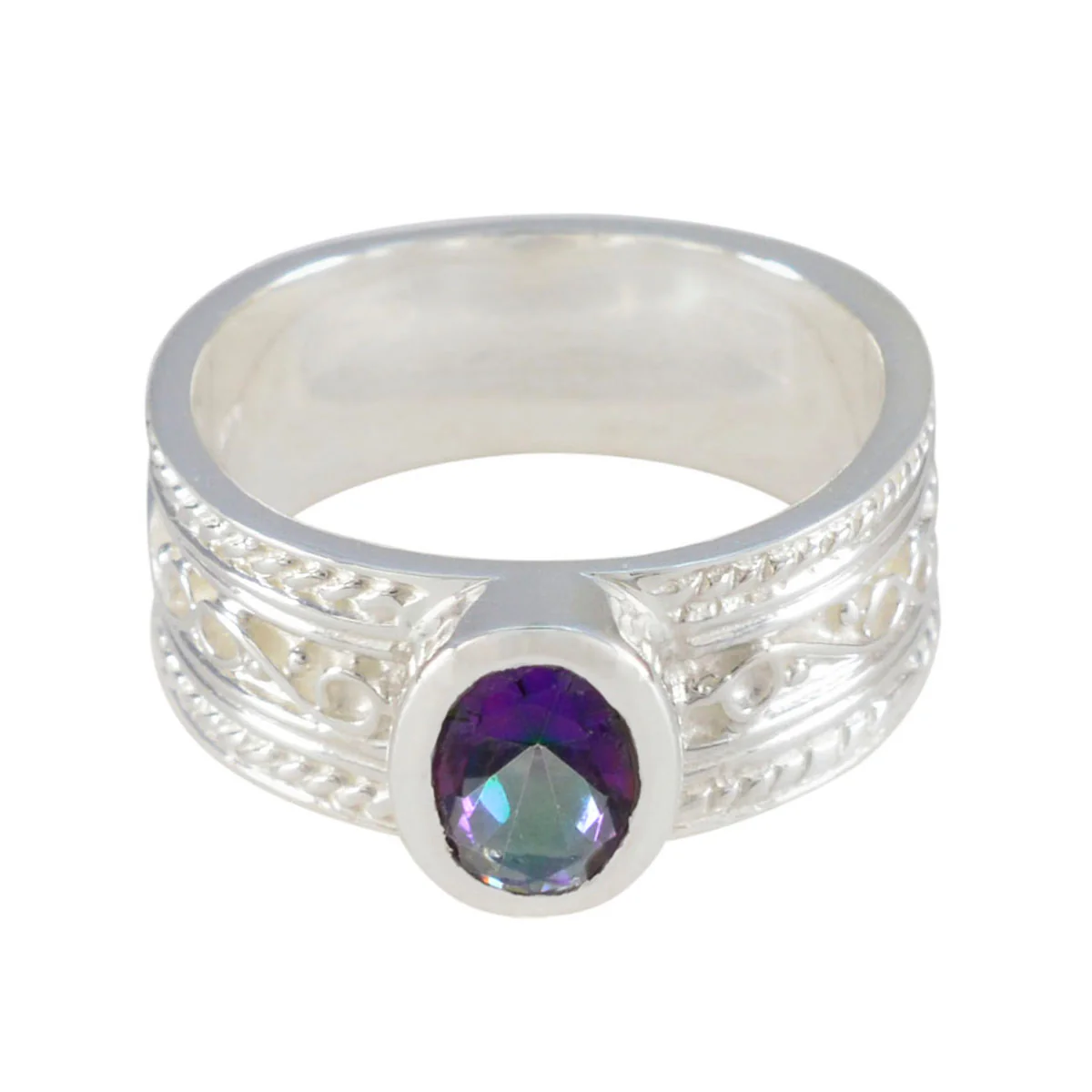 Mystic Quartz Solitaire Russian Sterling Silver multicolor Gemstone Eye-catching Twist Band Jewellery