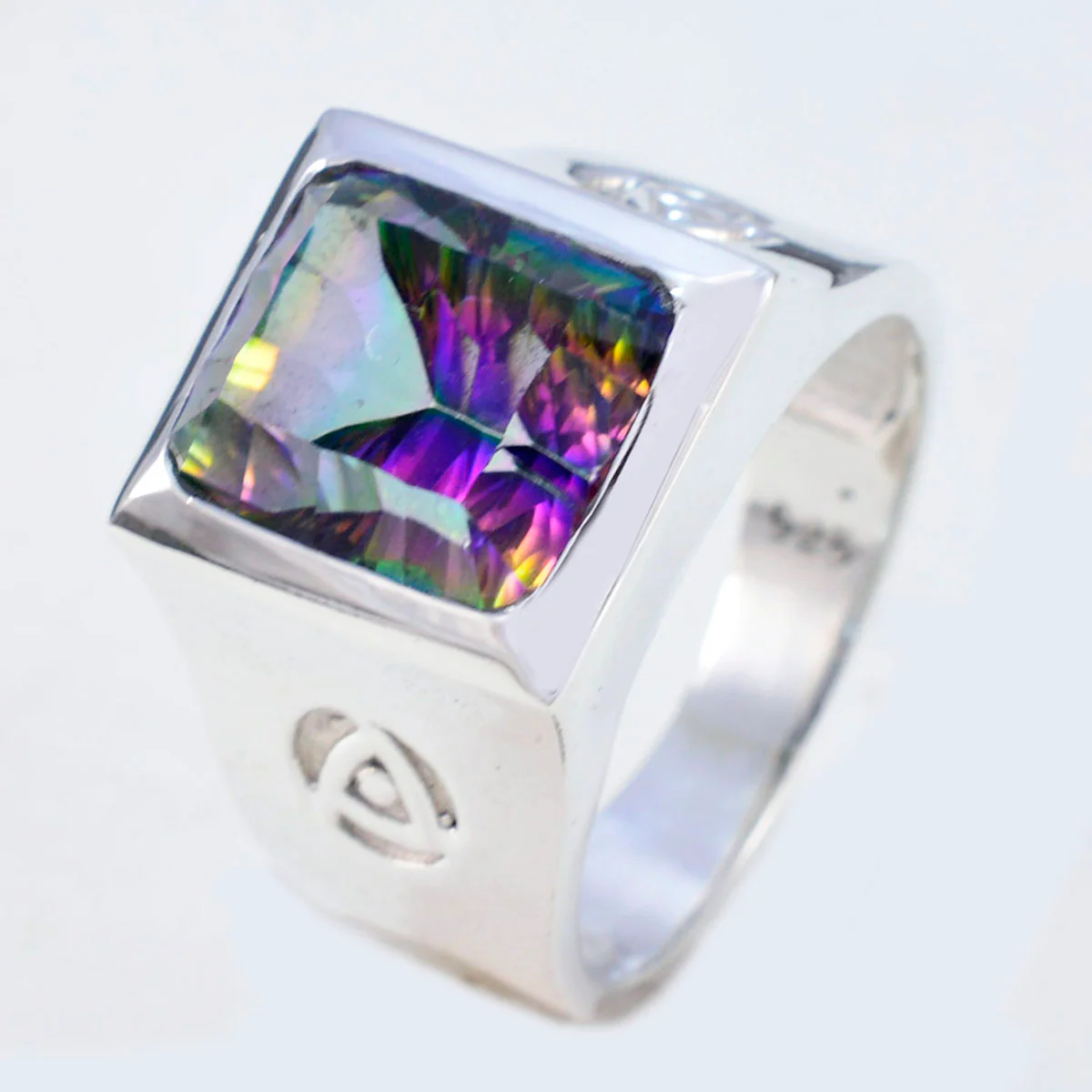 Mystic Quartz Solitaire Spanish Sterling Silver multicolor Gemstone Edgy Signet Ring Jewellery - Image 2