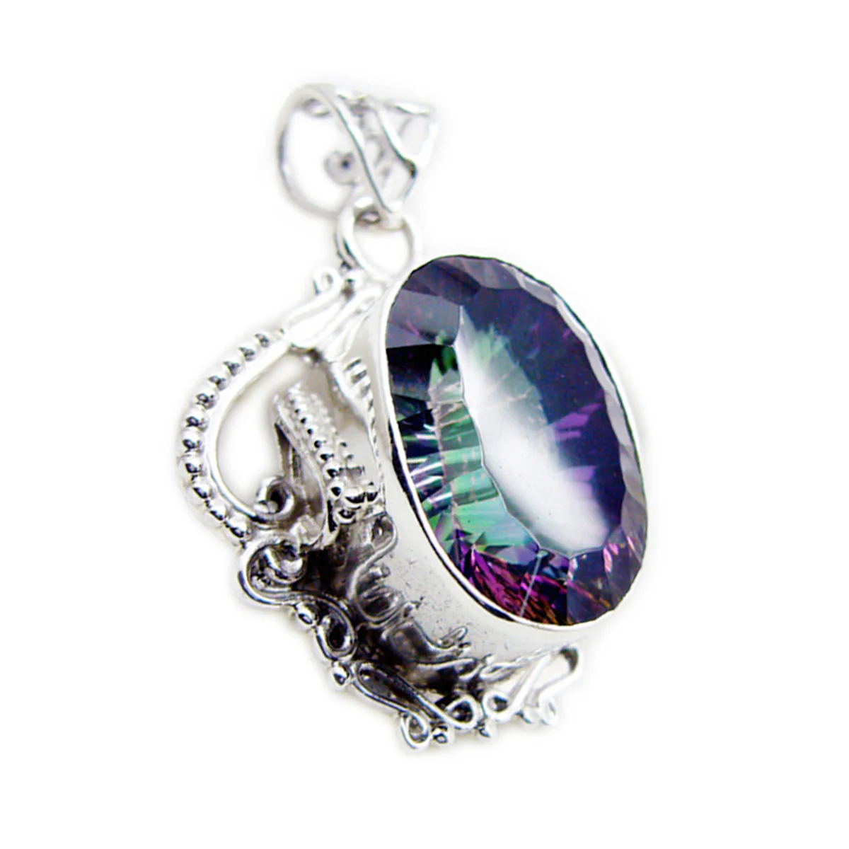 Mystic Quartz Statement Egyptian Sterling Silver Solitaire Lourdes Rope-Wire multicolor Pendant Jewellery