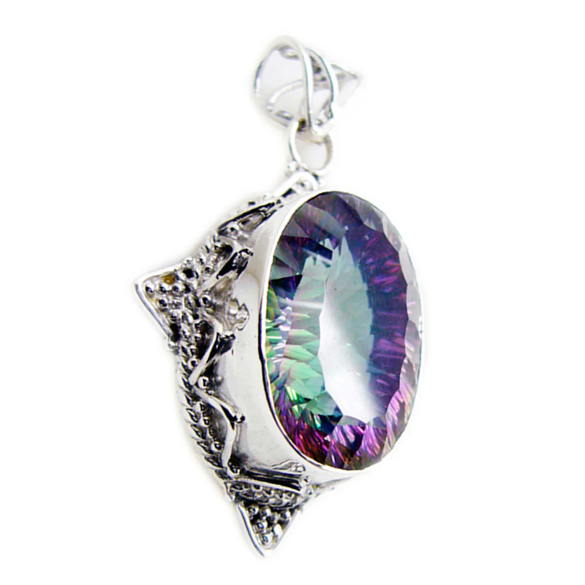 Mystic Quartz Statement Mexican 92.5 Silver Solitaire Camilla Rope-Wire multicolor Pendant Jewellery - Image 3