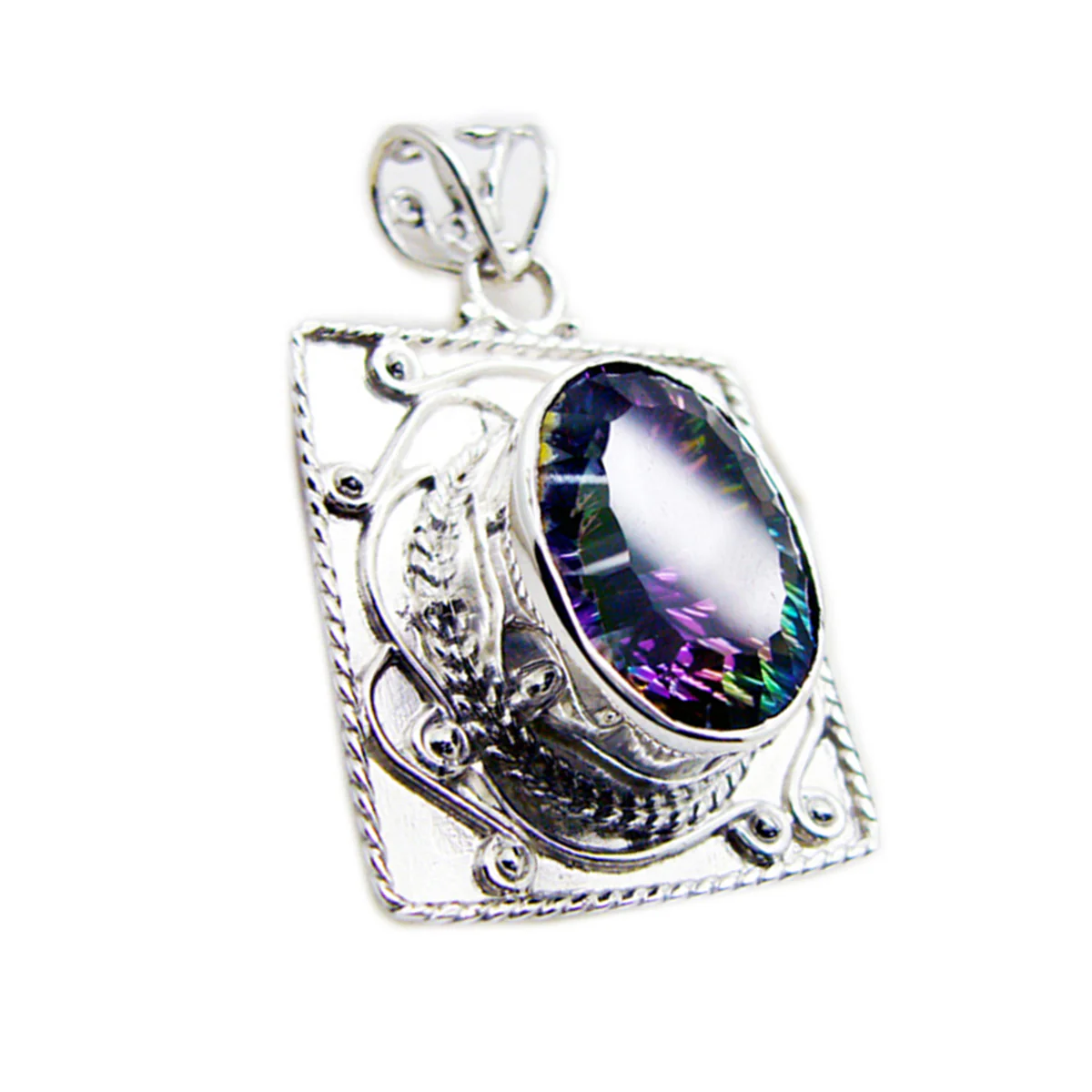 Mystic Quartz Statement Mexican Silver Solitaire María Rope-Wire multicolor Pendant Jewelry