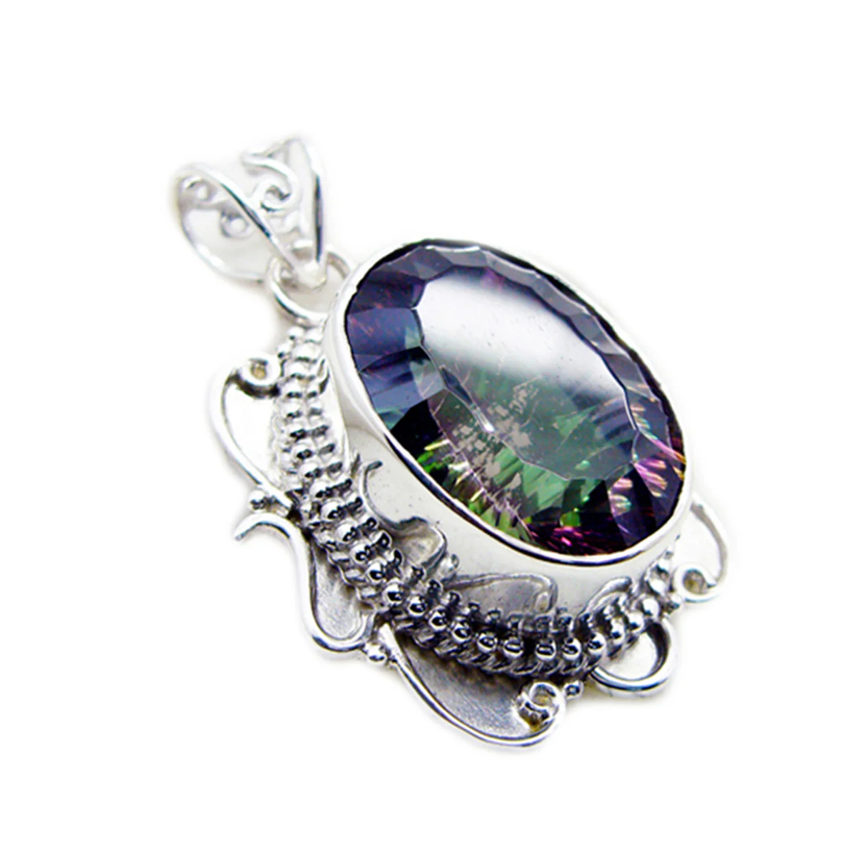 Mystic Quartz Statement Moroccan Sterling Silver Solitaire Isabella Rope-Wire multicolor Pendant Jewellery - Image 2