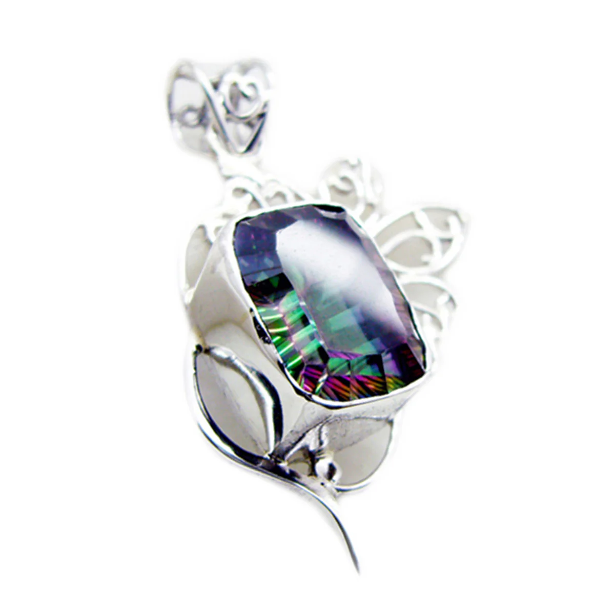 Mystic Quartz Statement Russian Sterling Silver Solitaire Isla Rope-Wire multicolor Pendant Jewellery