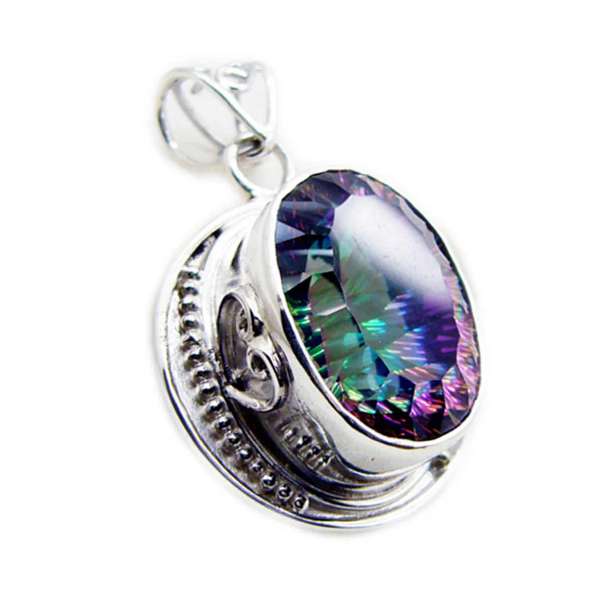 Mystic Quartz Statement Russian Sterling Silver Solitaire Pilar Rope-Wire multicolor Pendant Jewellery