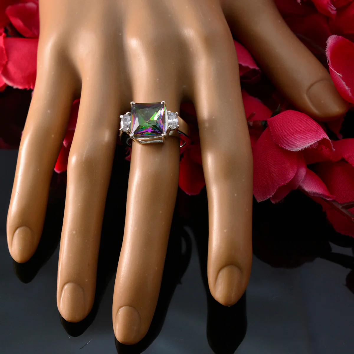 Mystic Quartz Trilogy French 925 Silver multicolor Gemstones Mid-weight Graceful Ring Jewelry - Image 5
