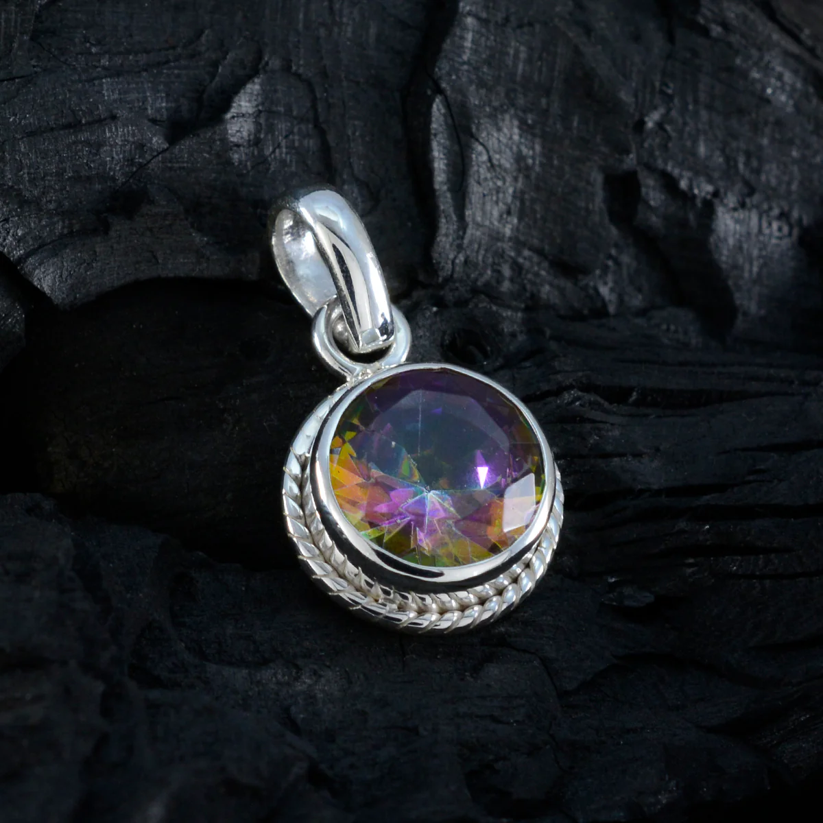 Mystic Quartz Whisper-thin Russian 92.5 Silver Solitaire Paula Rope-Wire multicolor Pendant Jewellery - Image 3