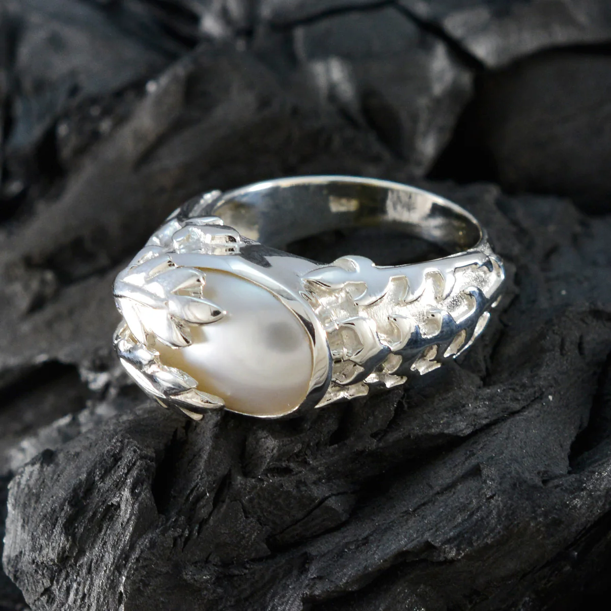 Pearl Solitaire Egyptian 92.5 Silver White Gemstones Essential Leafy Ring Jewellery - Image 4