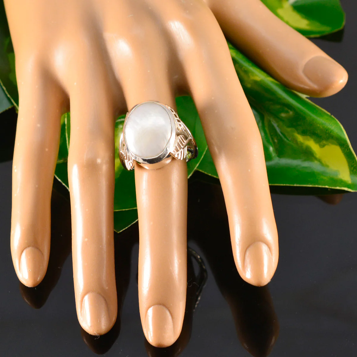 Pearl Solitaire Italian 925 Silver White Gems Statement Leafy Ring Jewellery - Image 5