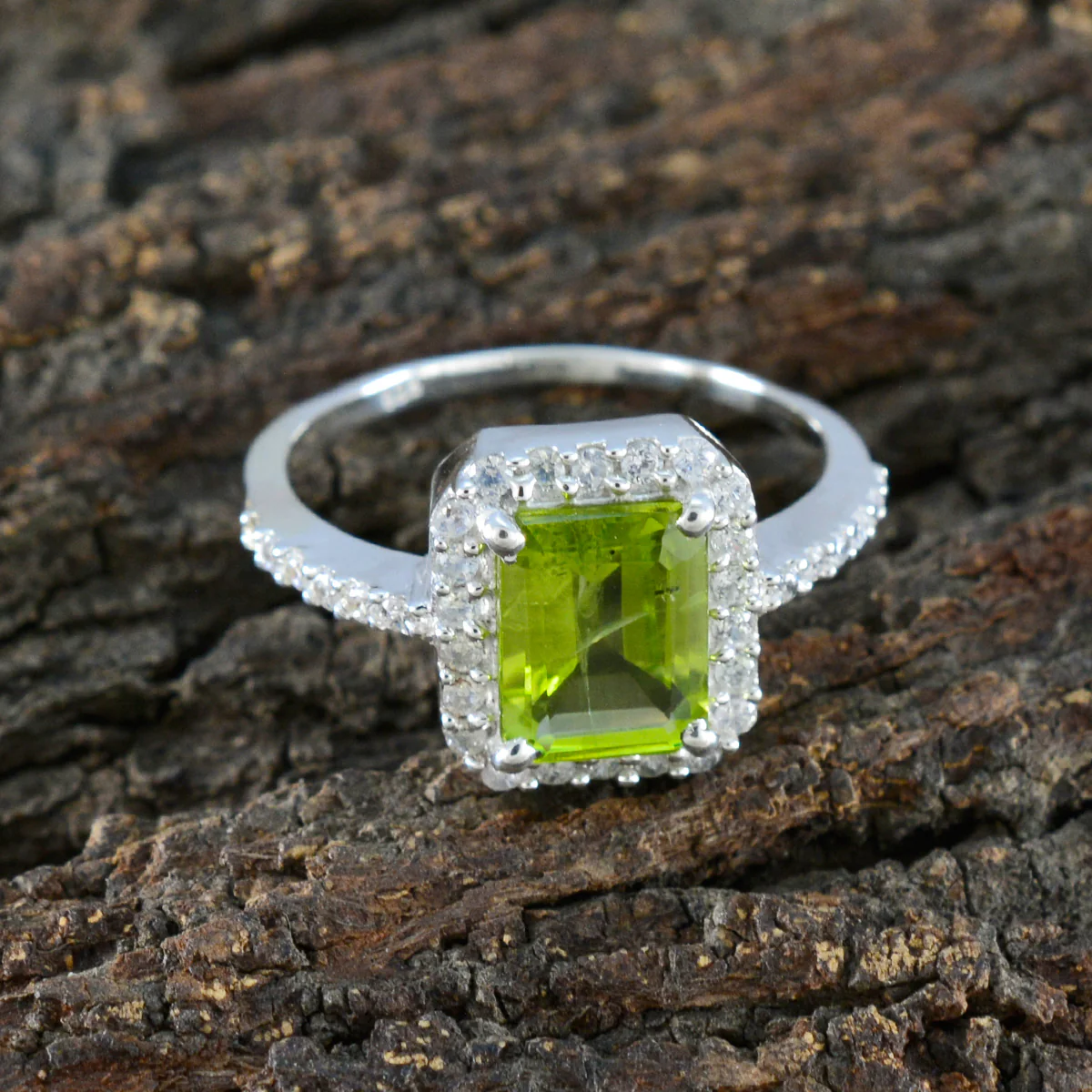 Peridot Halo American Silver Green Gems Whisper-thin Sophisticated Ring Jewelry - Image 3