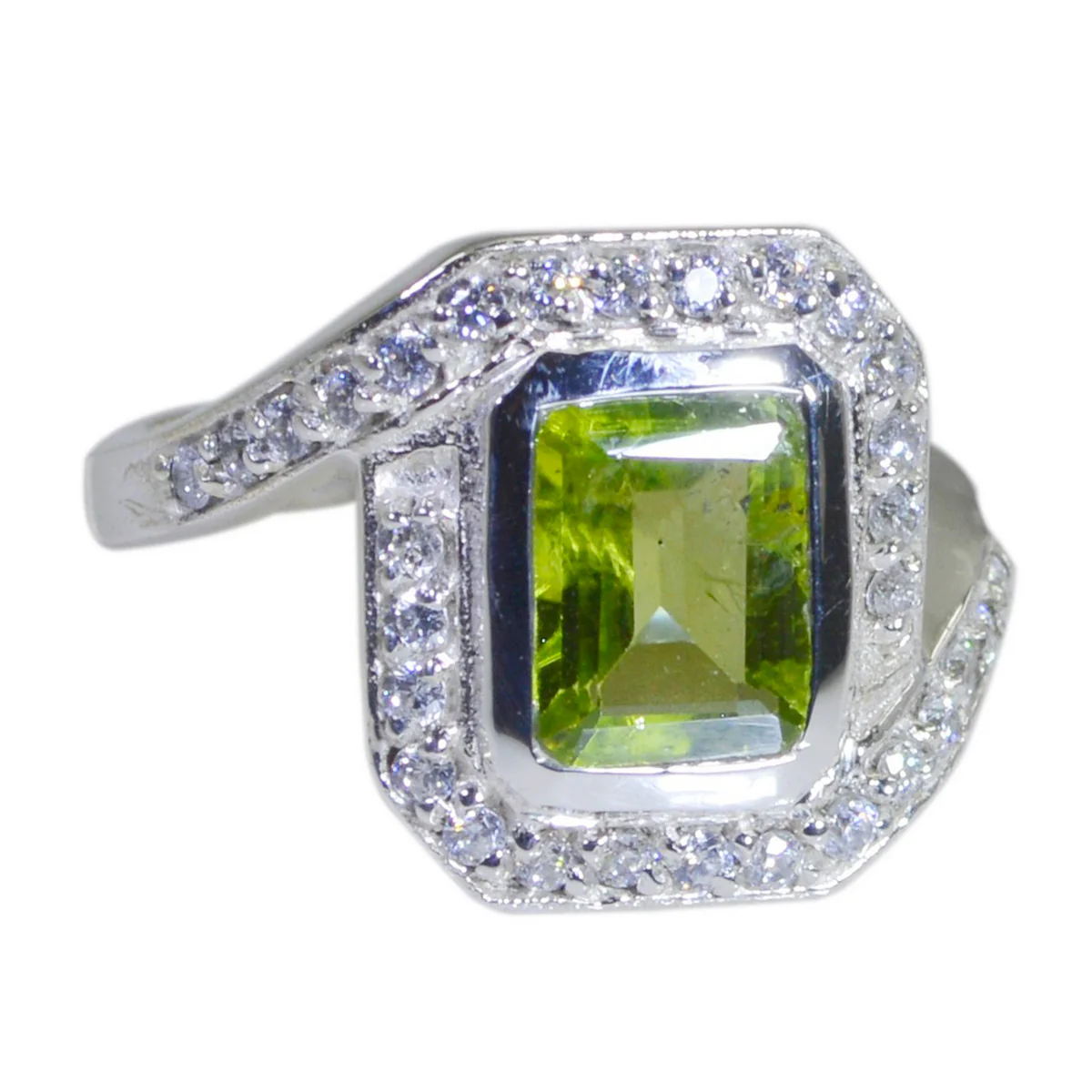 Peridot Halo French Silver Green Gemstone Eye-catching Contemporary Ring Jewelry - Image 2