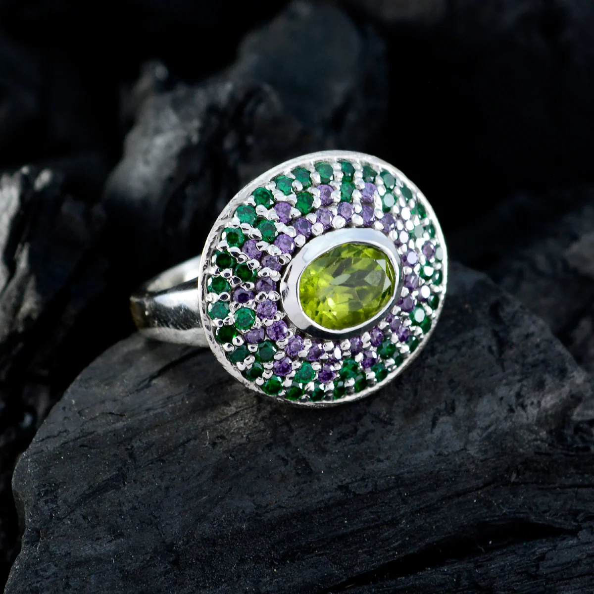 Peridot Halo French Sterling Silver Green Gemstones Eye-catching Trendy Ring Jewellery - Image 4