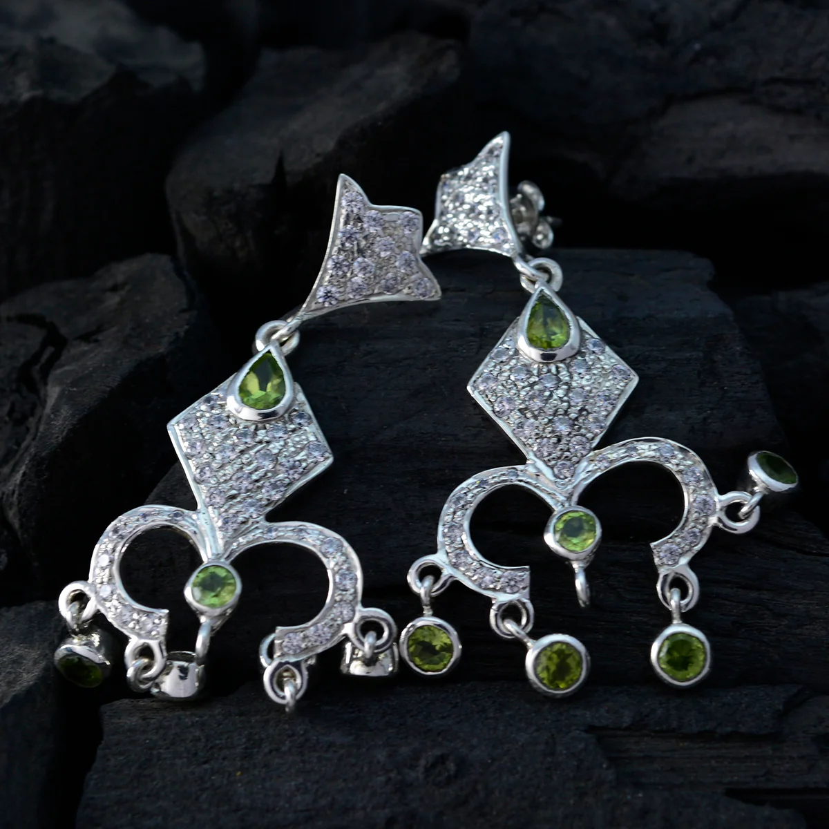 Peridot Indian Meera multiple Dangle Green 92.5 Silver Earring - Image 2