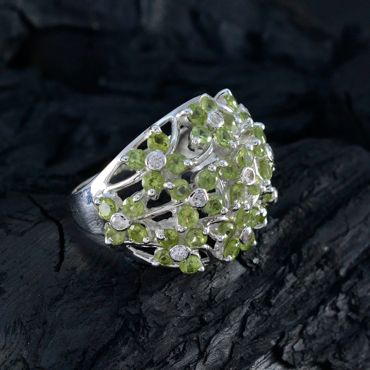 Peridot multiple African Sterling Silver Green Gems Statement Floral Ring Jewelry - Image 4