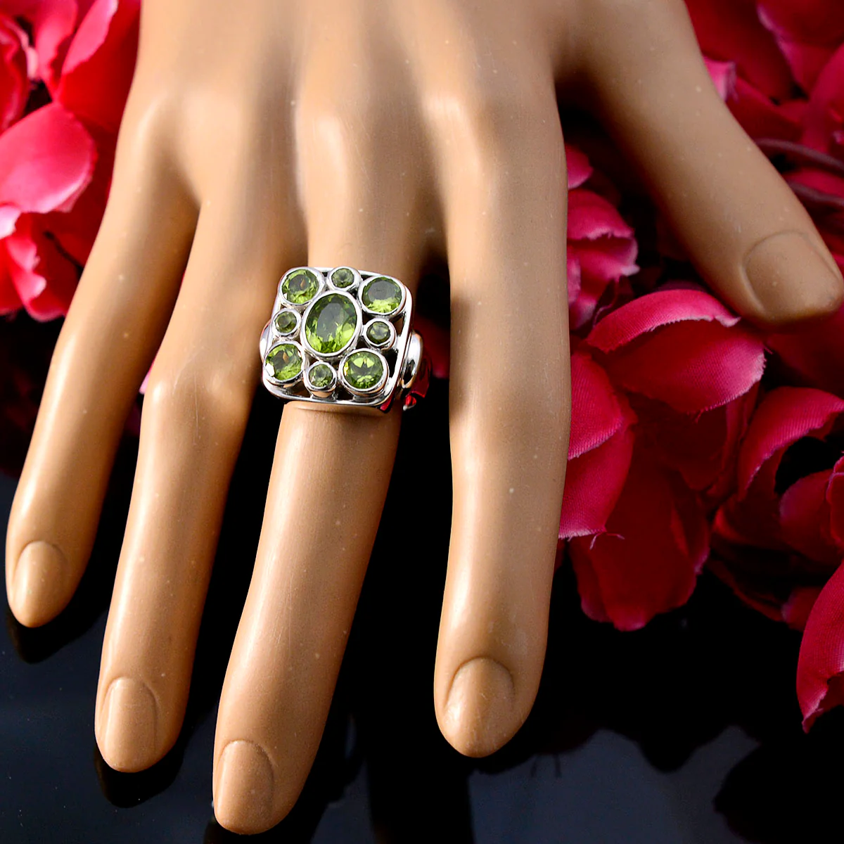 Peridot Navratna Spanish Sterling Silver Green Gemstones Statement Retro Ring Jewelry - Image 6