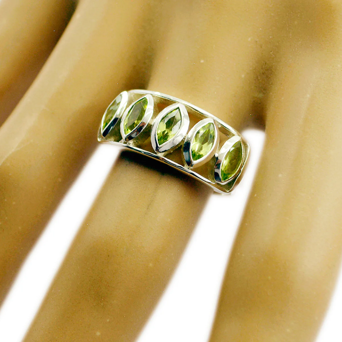 Peridot Penta Russian 925 Sterling Silver Green Gemstones Slim Modern Ring Jewellery - Image 2