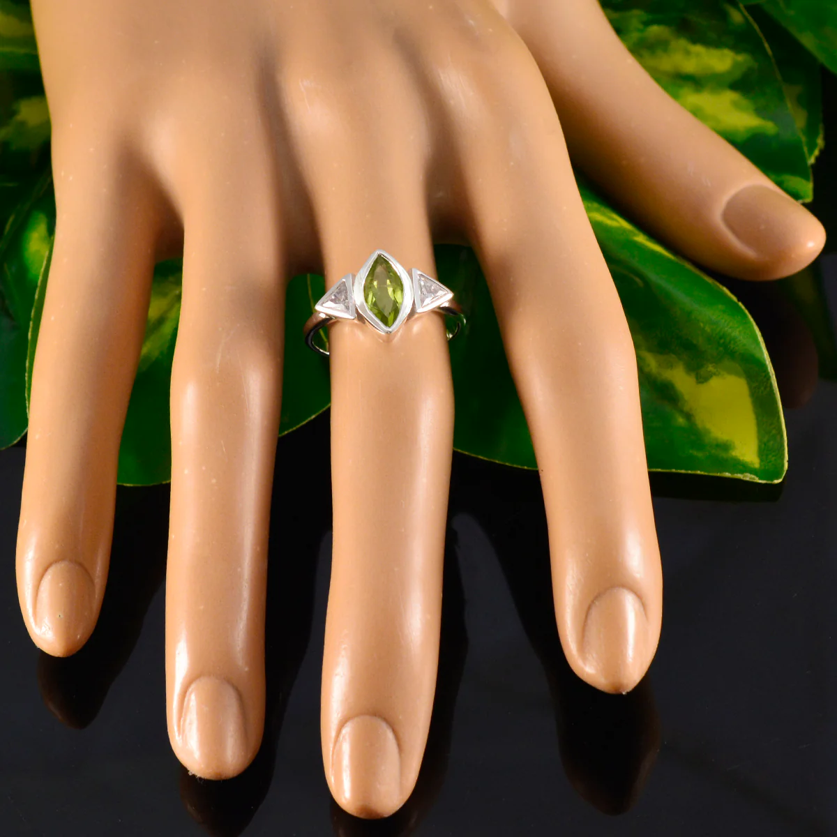 Peridot Trilogy Turkish Sterling Silver Green Gems Whisper-thin Glamorous Ring Jewelry - Image 5