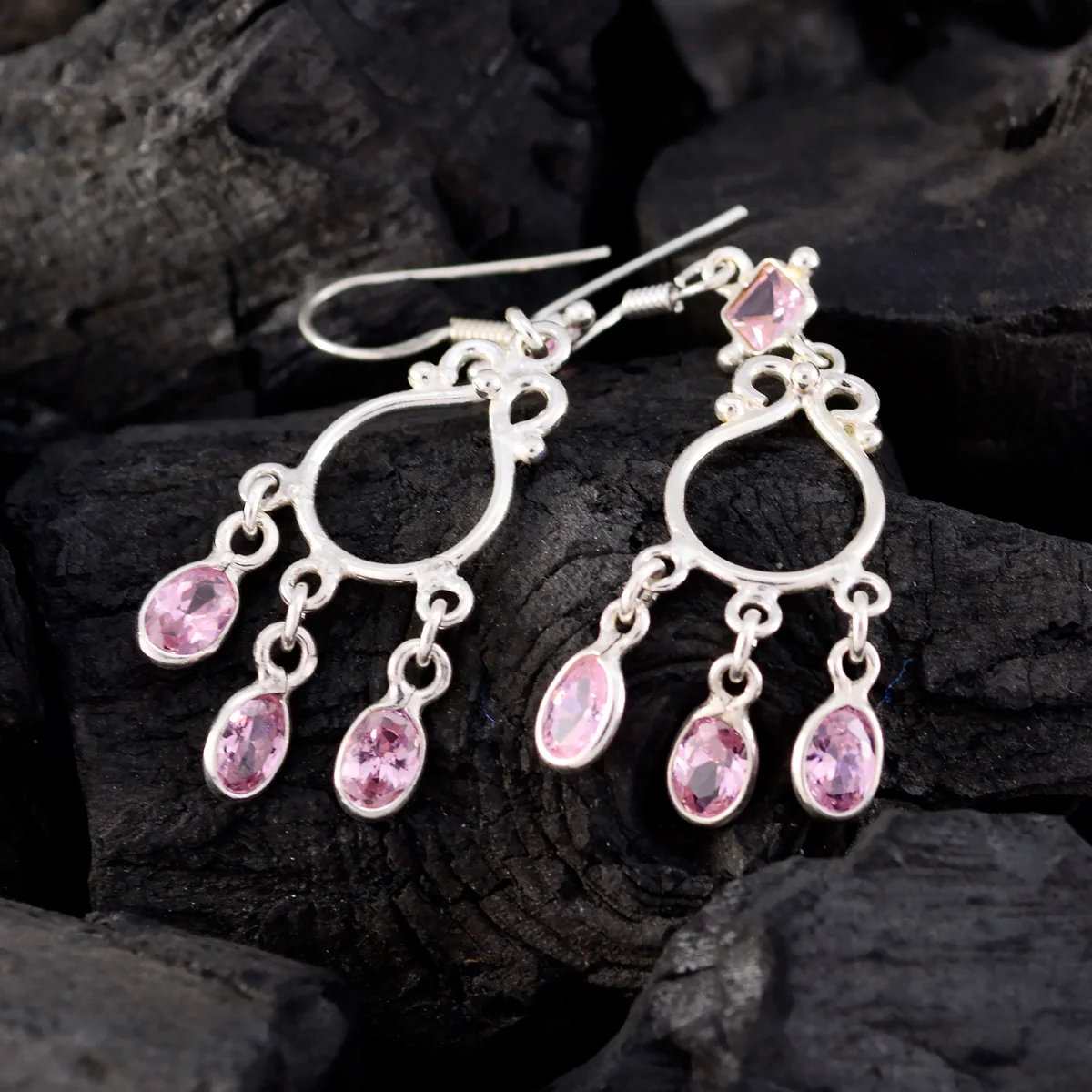 Pink CZ American Sarah multiple Dangle Pink 92.5 Silver Earring - Image 5
