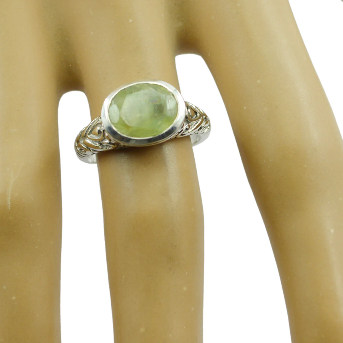 Prehnite Solitaire French Sterling Silver Green Gemstone Minimal Art Deco Ring Jewellery - Image 2