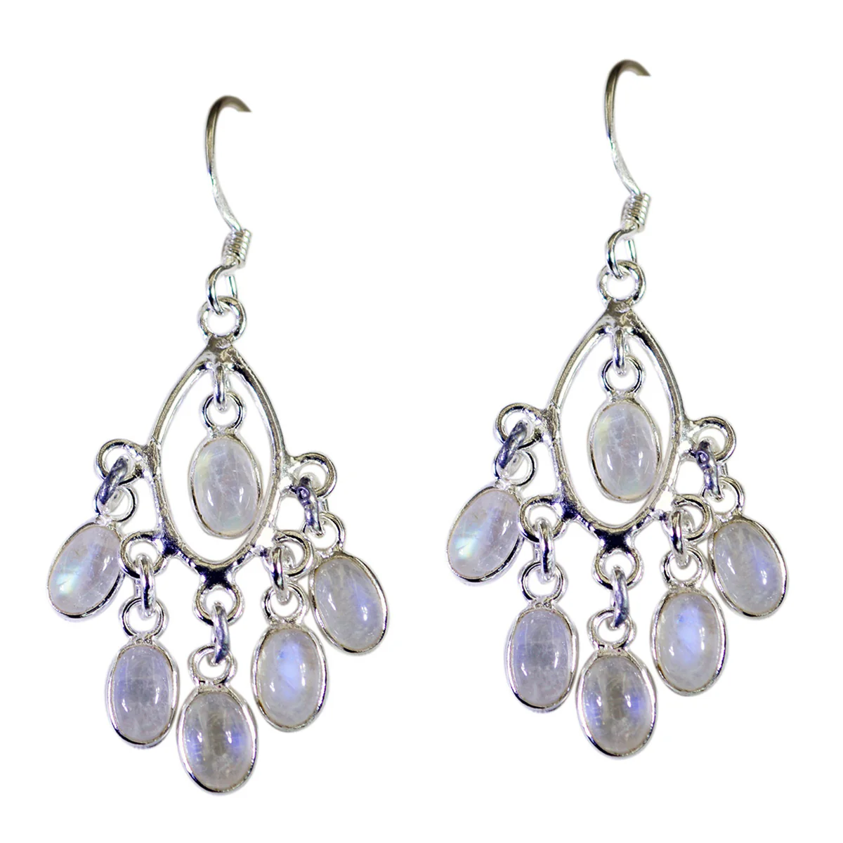 Rainbow Moonstone French Jia multiple Dangle White Silver Earring
