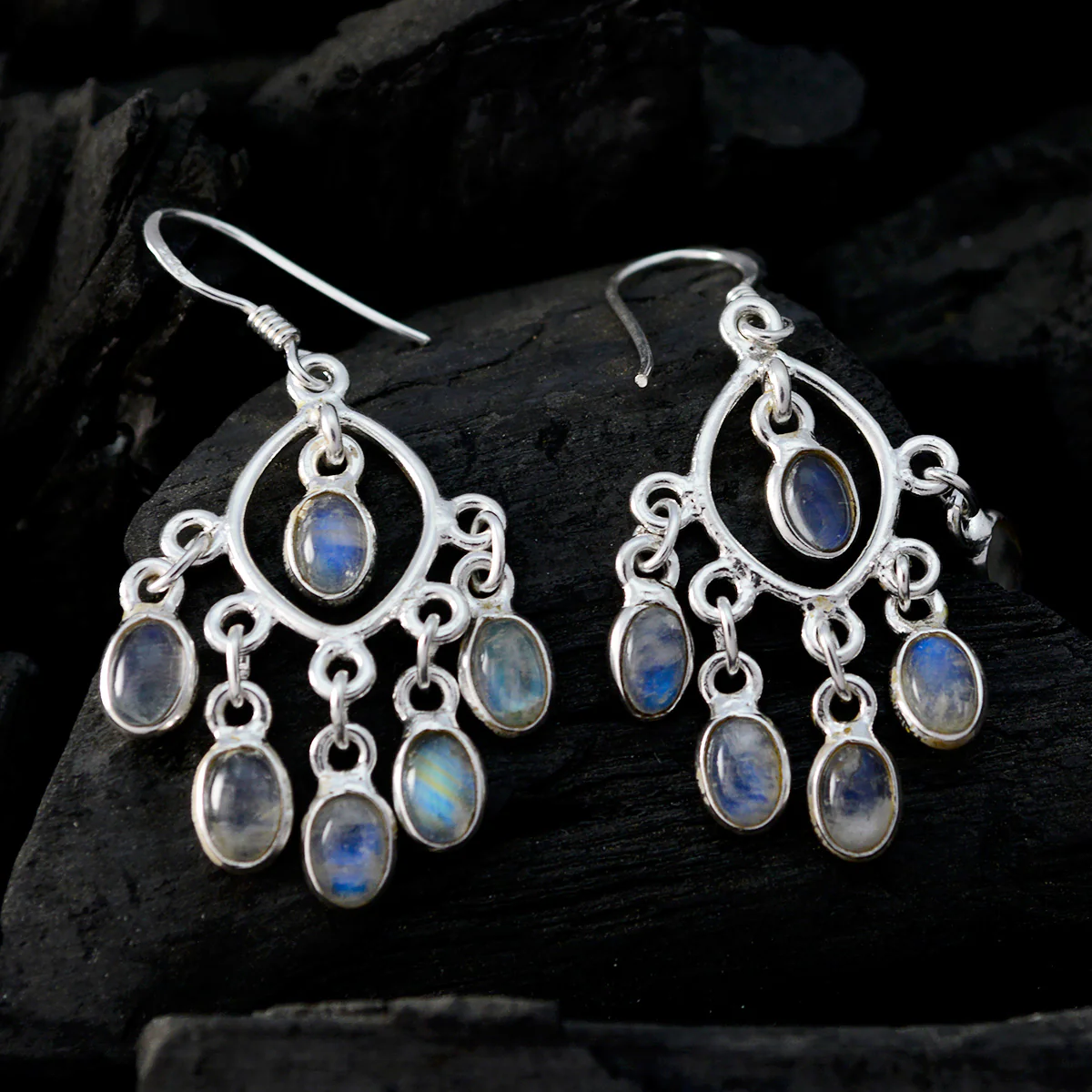 Rainbow Moonstone French Jia multiple Dangle White Silver Earring - Image 2