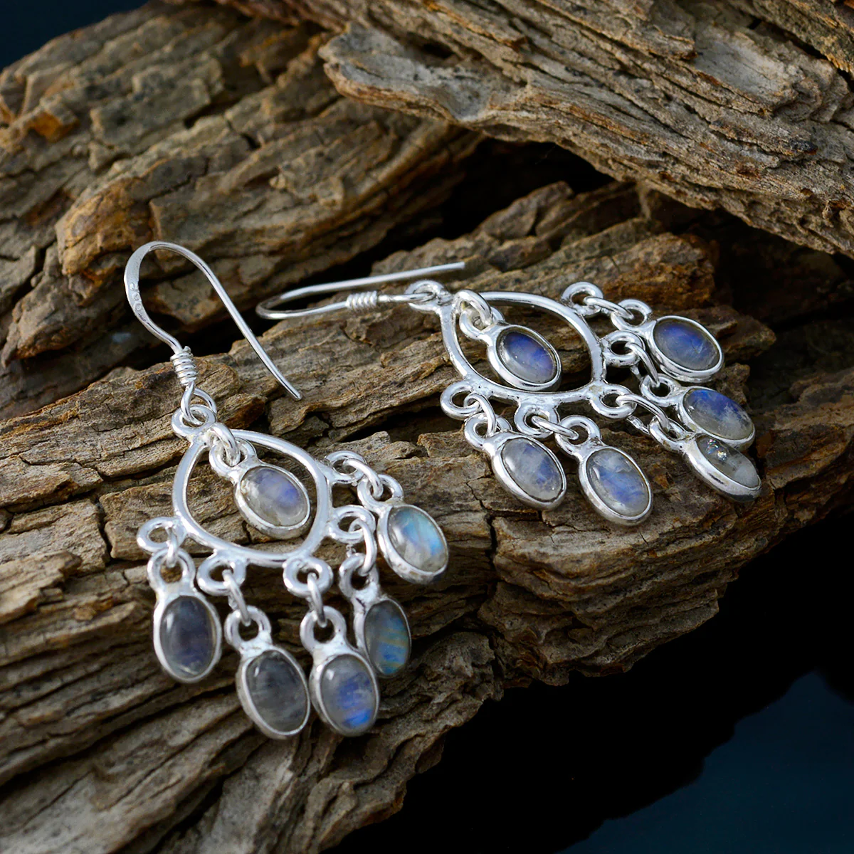 Rainbow Moonstone French Jia multiple Dangle White Silver Earring - Image 3