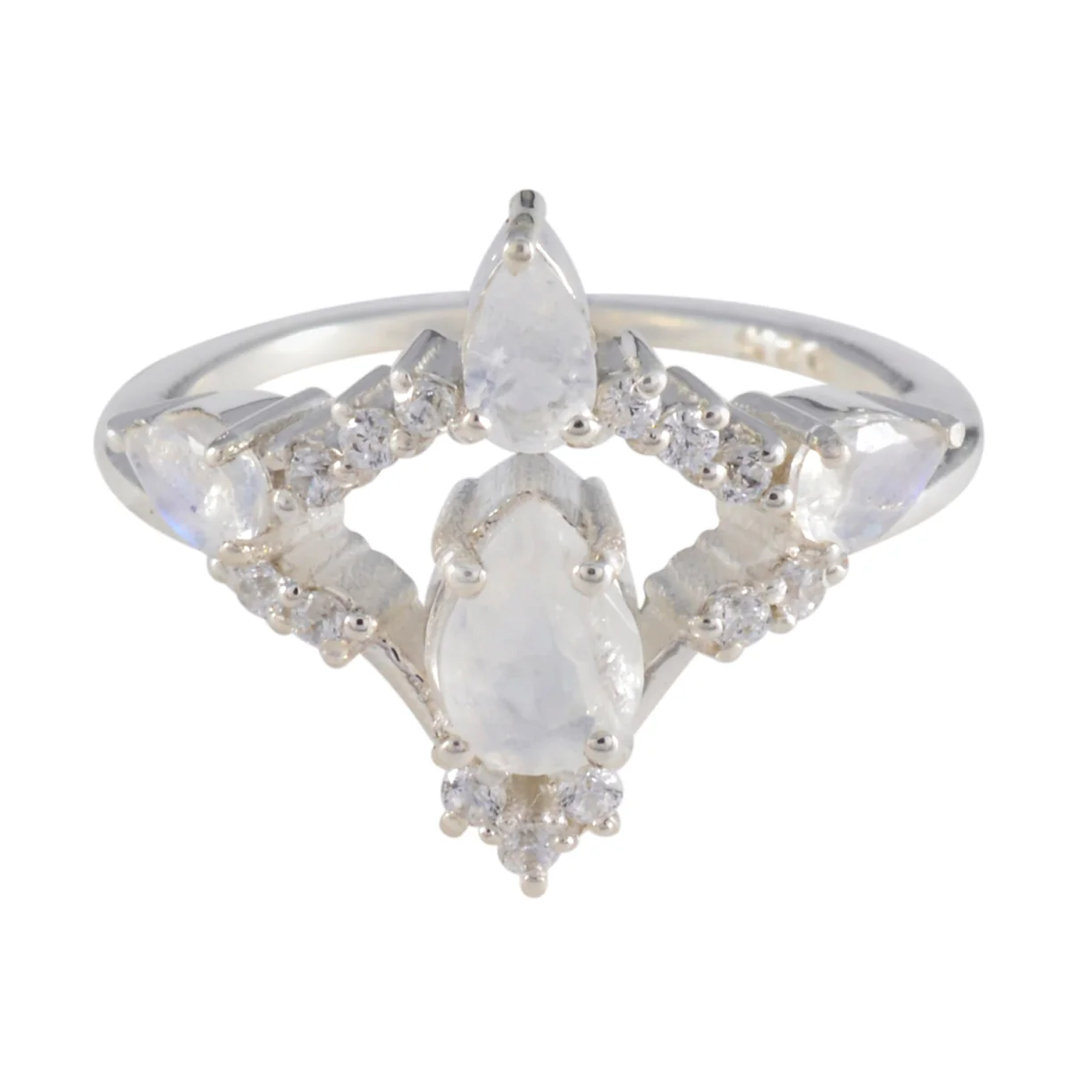 Rainbow Moonstone Halo African Silver White Gems Featherlight Graceful Ring Jewellery
