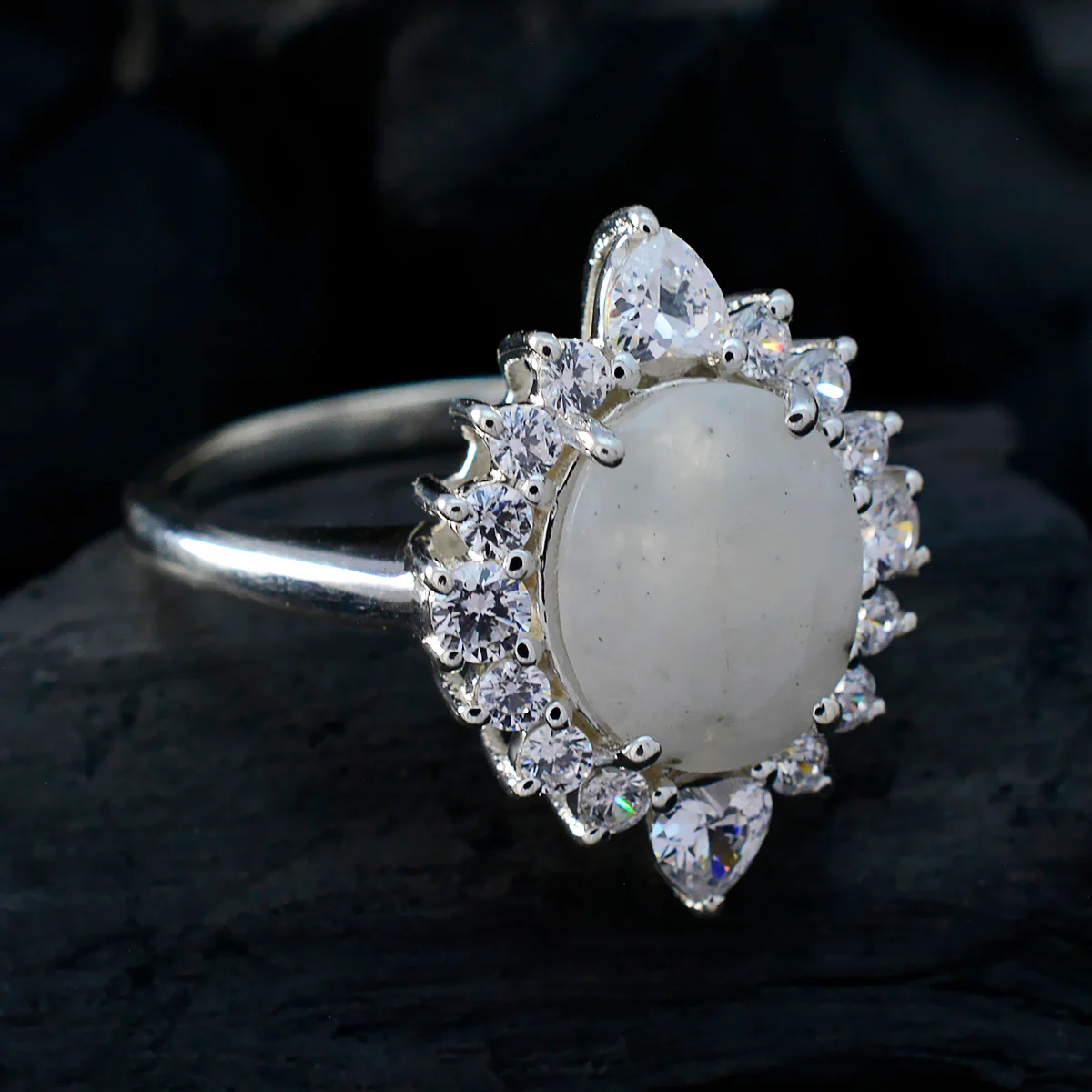 Rainbow Moonstone Halo Egyptian 925 Silver White Gemstone Eye-catching Contemporary Ring Jewellery - Image 4