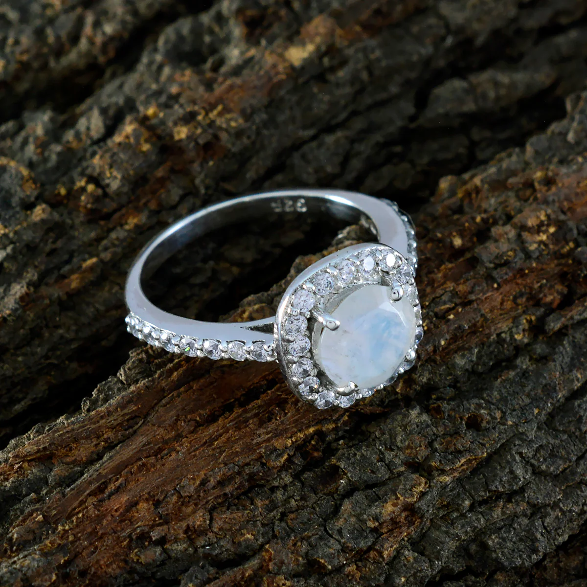 Rainbow Moonstone Halo French 925 Sterling Silver White Gems Slim Luxurious Ring Jewellery - Image 3