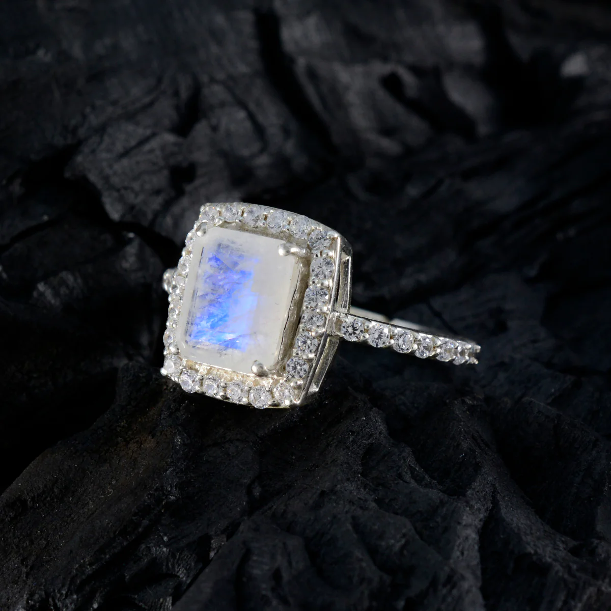 Rainbow Moonstone Halo French Sterling Silver White Gemstone Minimal Boho Ring Jewelry - Image 4