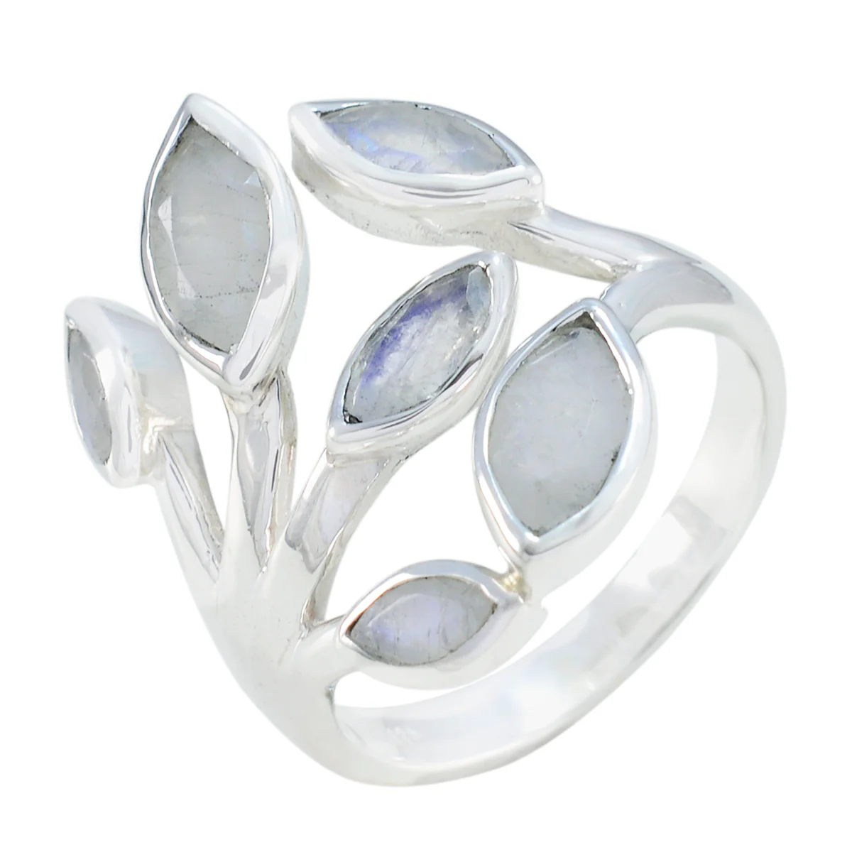 Rainbow Moonstone Hexa French 92.5 Silver White Gemstones Versatile Leafy Ring Jewelry - Image 3