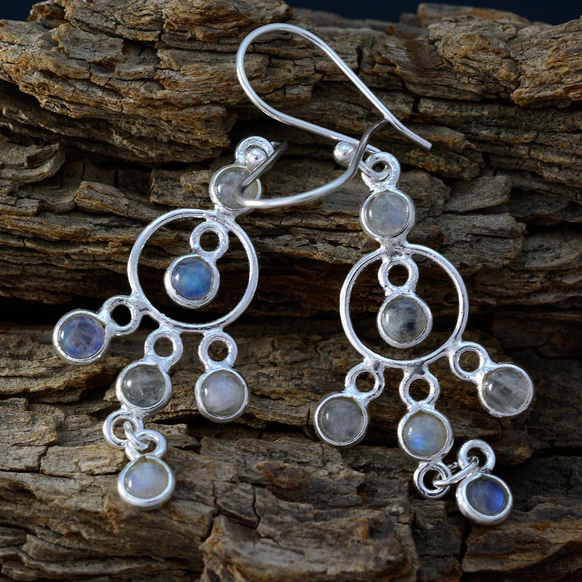 Rainbow Moonstone Japanese Nari multiple Dangle White 925 Silver Earring - Image 2