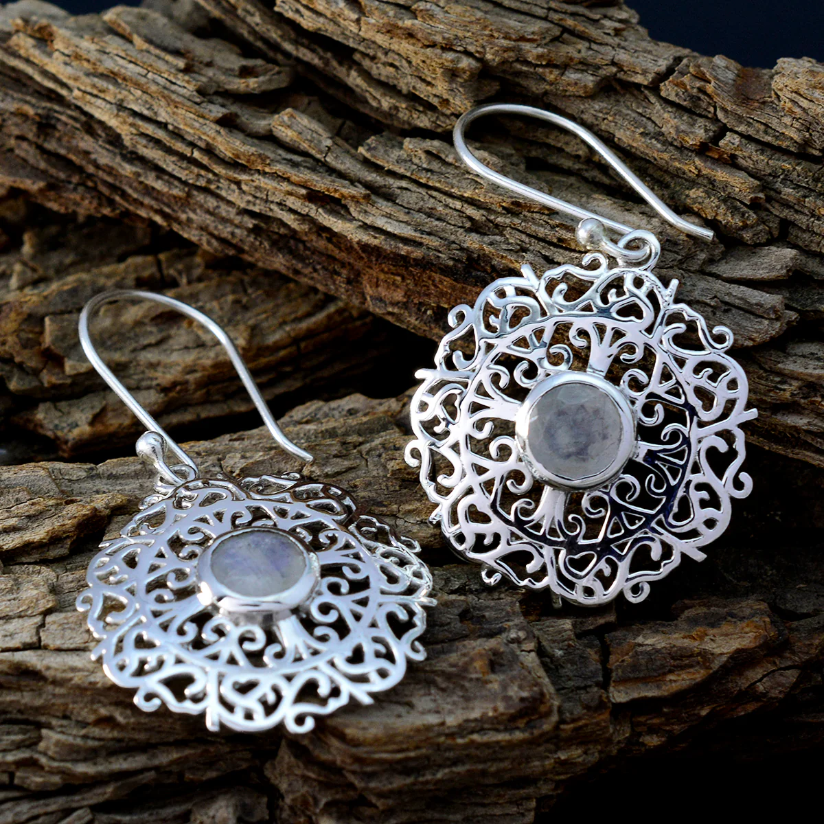 Rainbow Moonstone Latin American Mila Solitaire Dangle White 92.5 Silver Earring - Image 3