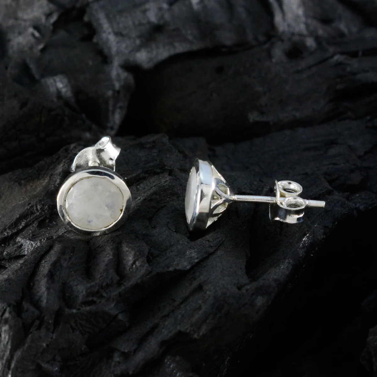 Rainbow Moonstone Latin American Zoey Solitaire Stud White Silver Earring - Image 4