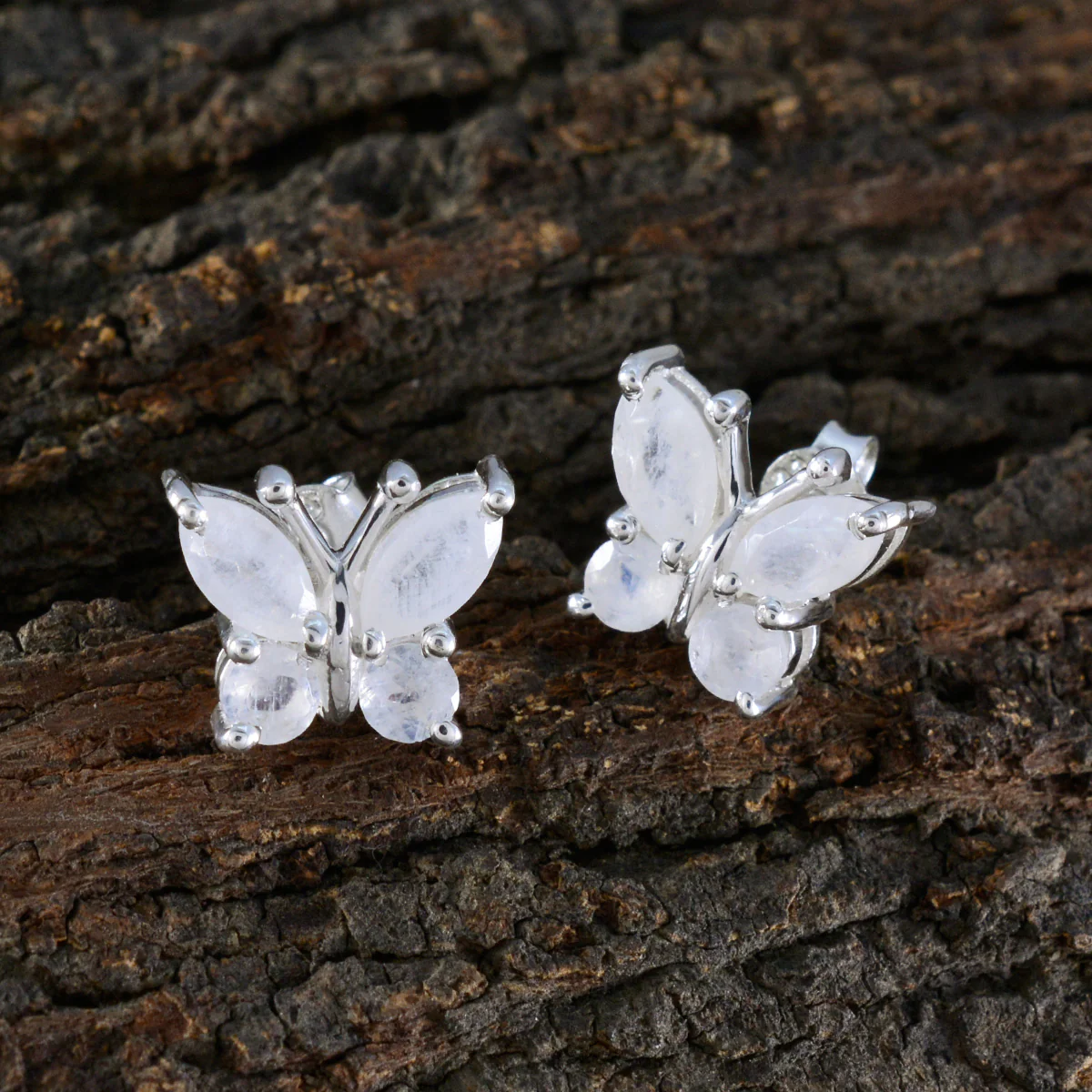 Rainbow Moonstone Middle Eastern Inès quarter Stud White Silver Earring - Image 3