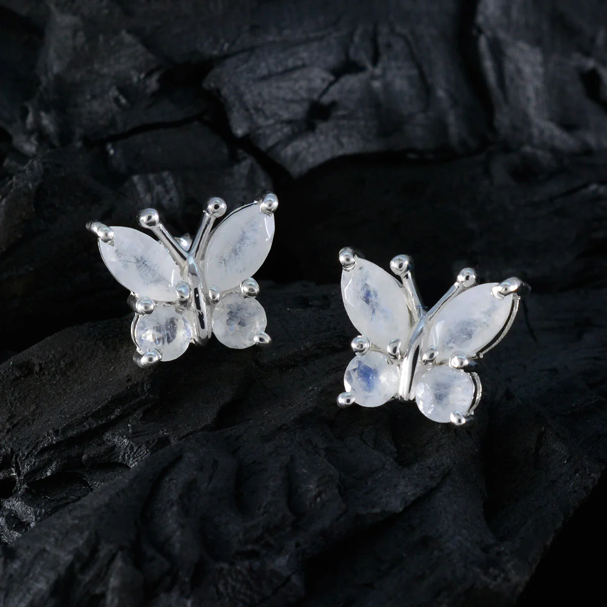 Rainbow Moonstone Middle Eastern Inès quarter Stud White Silver Earring - Image 4