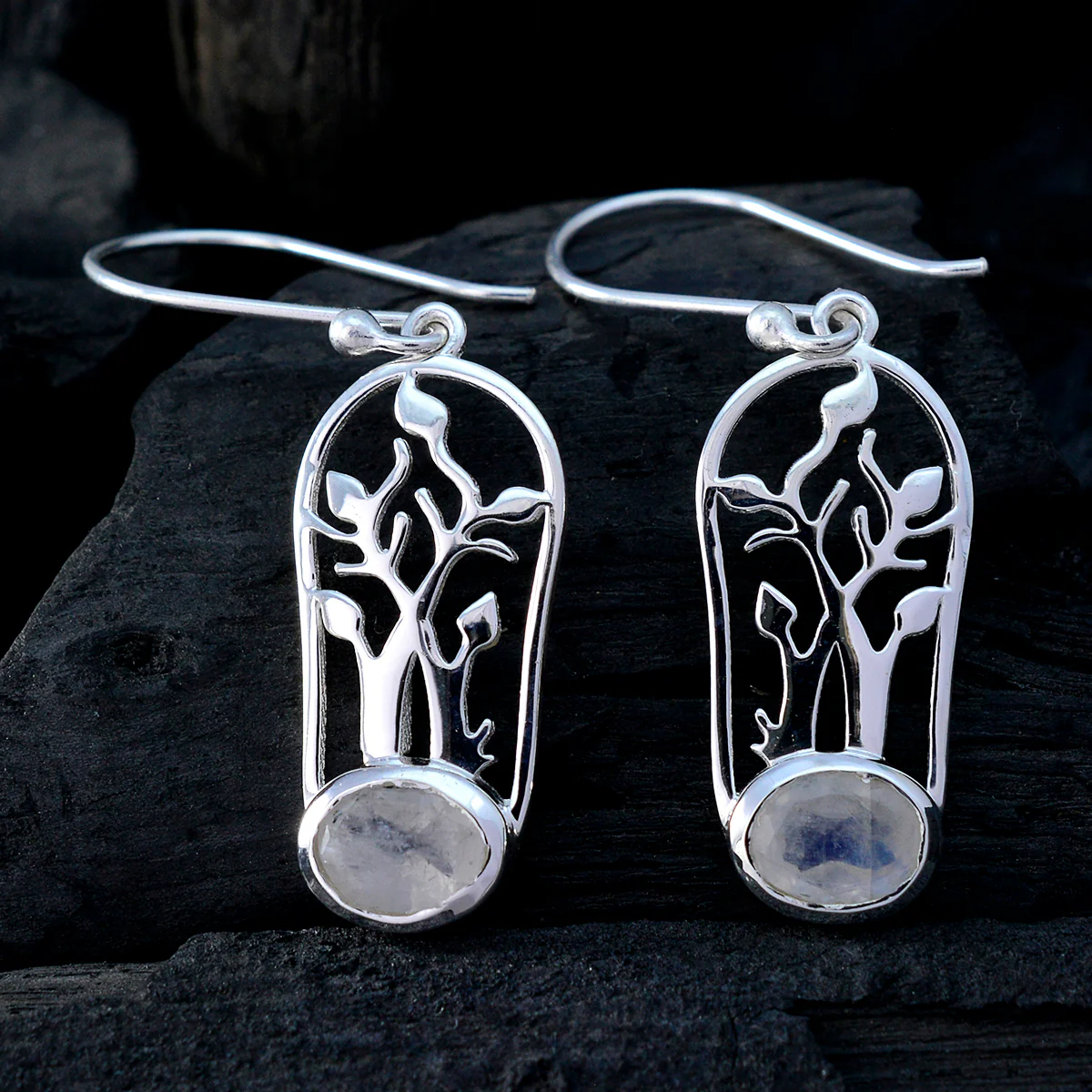 Rainbow Moonstone Middle Eastern Skylar Solitaire Dangle White Silver Earring - Image 2