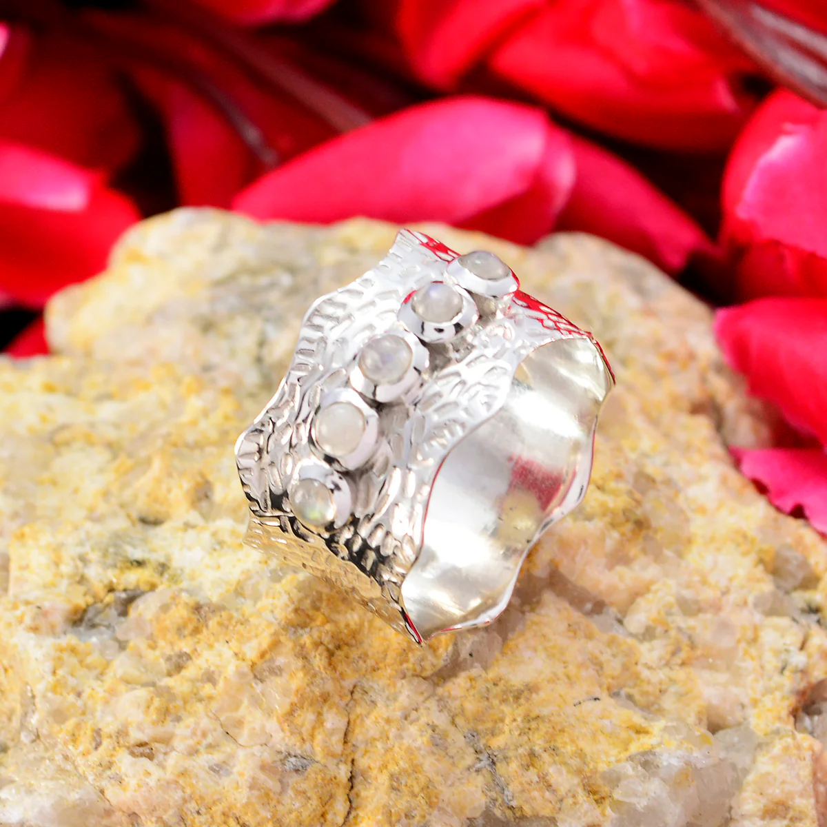 Rainbow Moonstone Penta Egyptian Silver White Gemstones Mid-weight Vintage Band Jewelry - Image 3