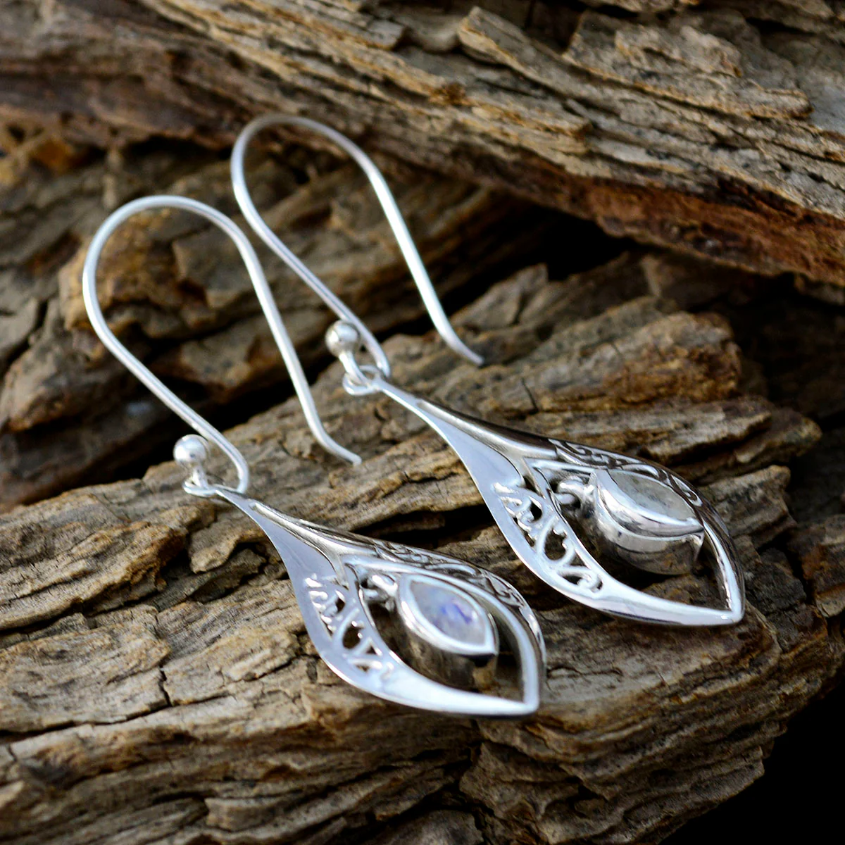 Rainbow Moonstone Russian Valentina Solitaire Dangle White 925 Sterling Silver Earring - Image 3