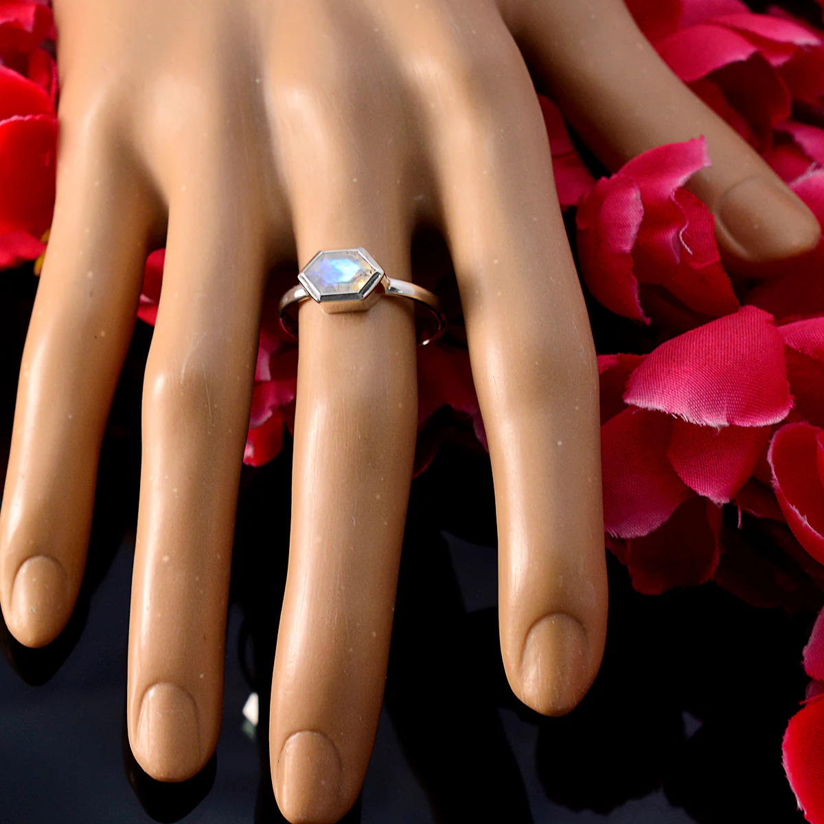 Rainbow Moonstone Solitaire American 92.5 Silver White Gemstones Delicate Graceful Ring Jewelry - Image 5