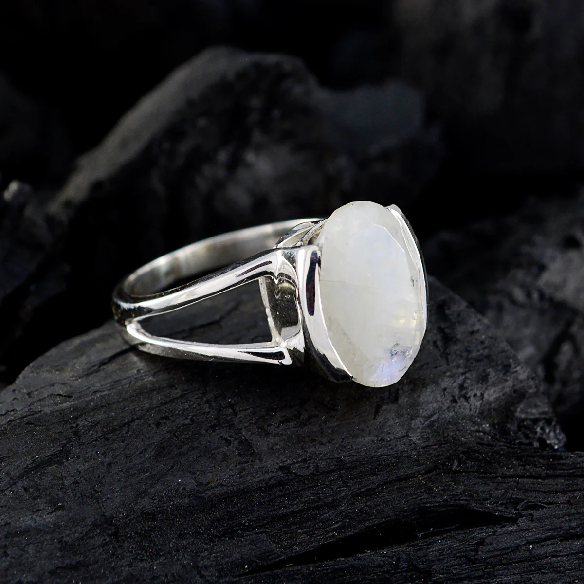 Rainbow Moonstone Solitaire French 92.5 Silver White Gemstone Mid-weight Graceful Ring Jewelry - Image 4