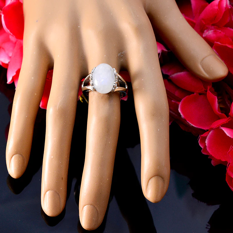 Rainbow Moonstone Solitaire German 925 Silver White Gems Minimal Abstract Ring Jewellery - Image 5