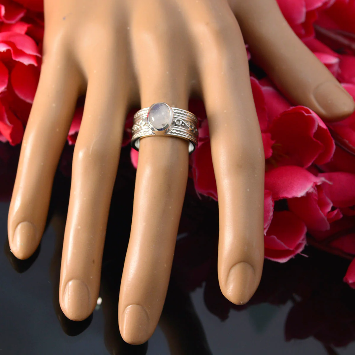 Rainbow Moonstone Solitaire German 925 Sterling Silver White Gems Eye-catching Art Deco Ring Jewelry - Image 5