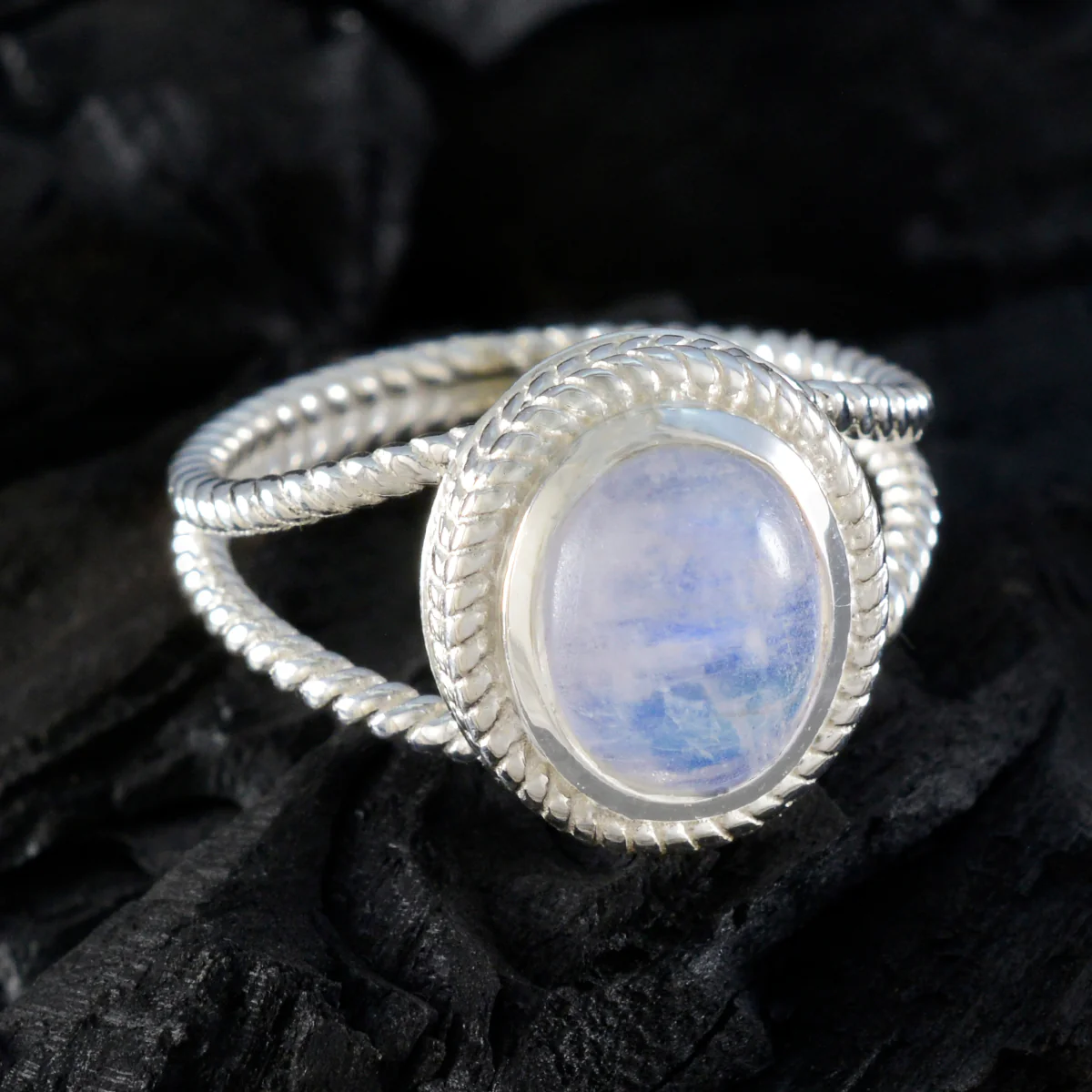 Rainbow Moonstone Solitaire Italian Sterling Silver White Gemstones Classic Rope-Wire Ring Jewellery - Image 4