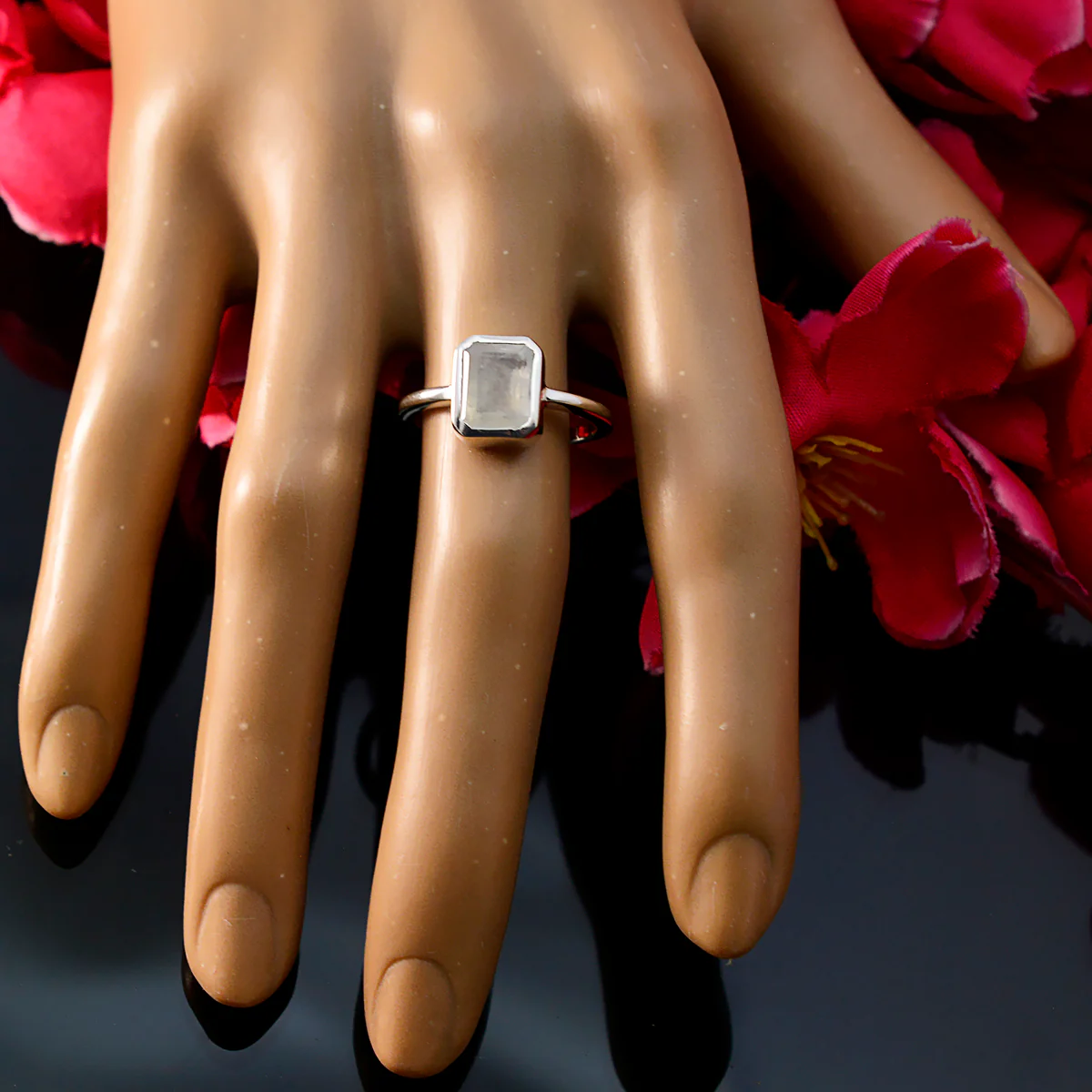 Rainbow Moonstone Solitaire Japanese Silver White Gems Whisper-thin Boho Ring Jewelry - Image 5